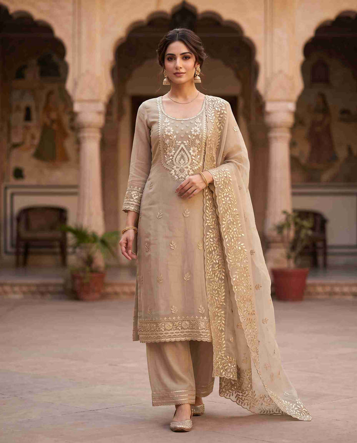 Taupe Beige shimmer tissue unstitched suit with leather gota work and tissue dupatta