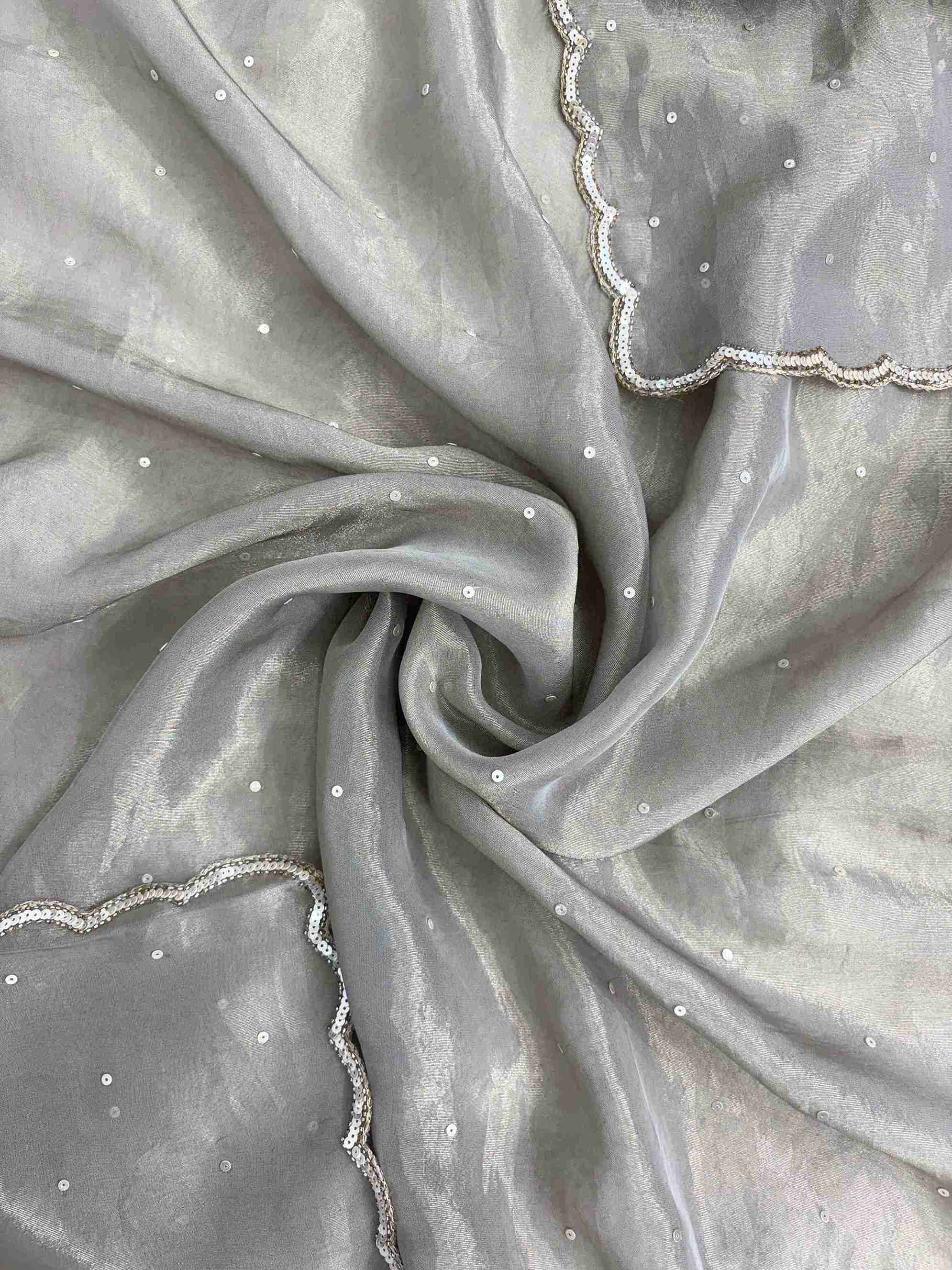 Taupe burberry tissue dupatta with sequin border and scattered sequin detailing