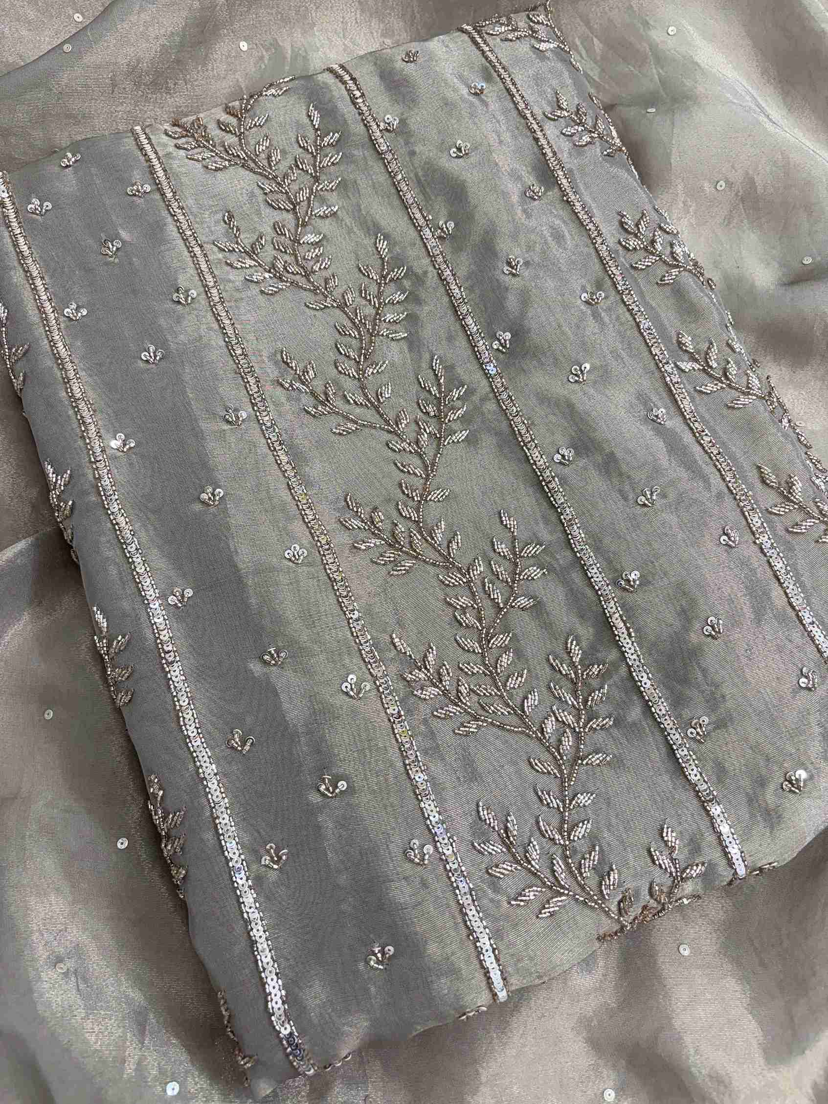 Taupe burberry tissue dupatta with sequin border and scattered sequin detailing