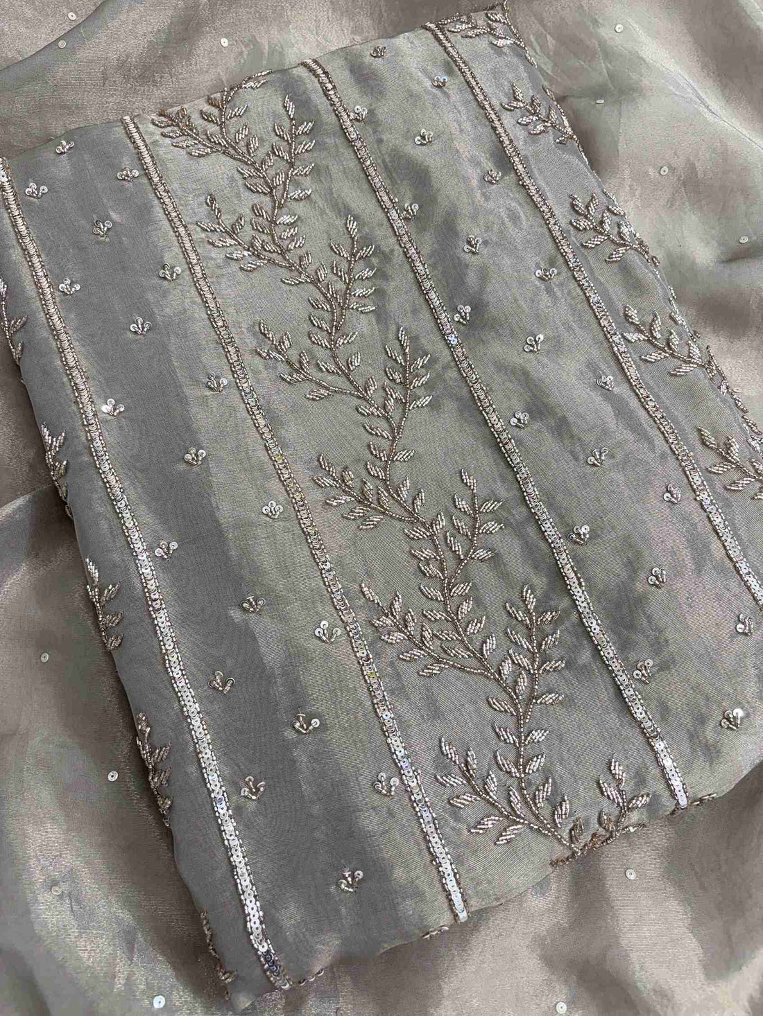 Taupe burberry tissue dupatta with sequin border and scattered sequin detailing