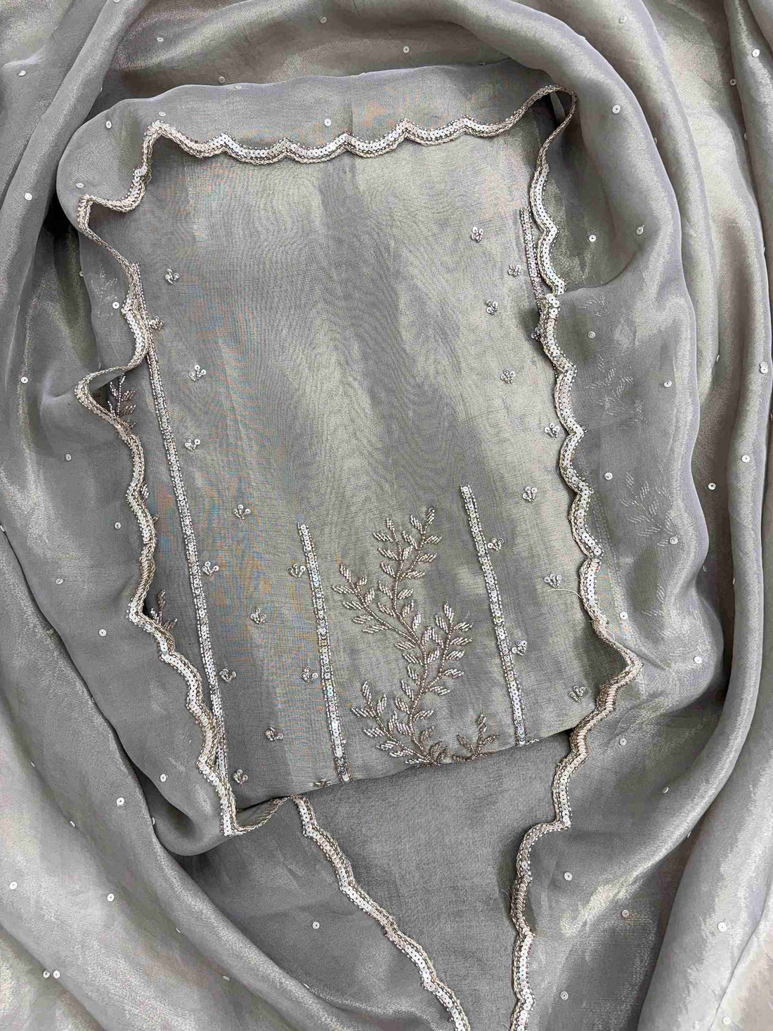 Front view of taupe burberry tissue suit with intricate sequence and nalki work