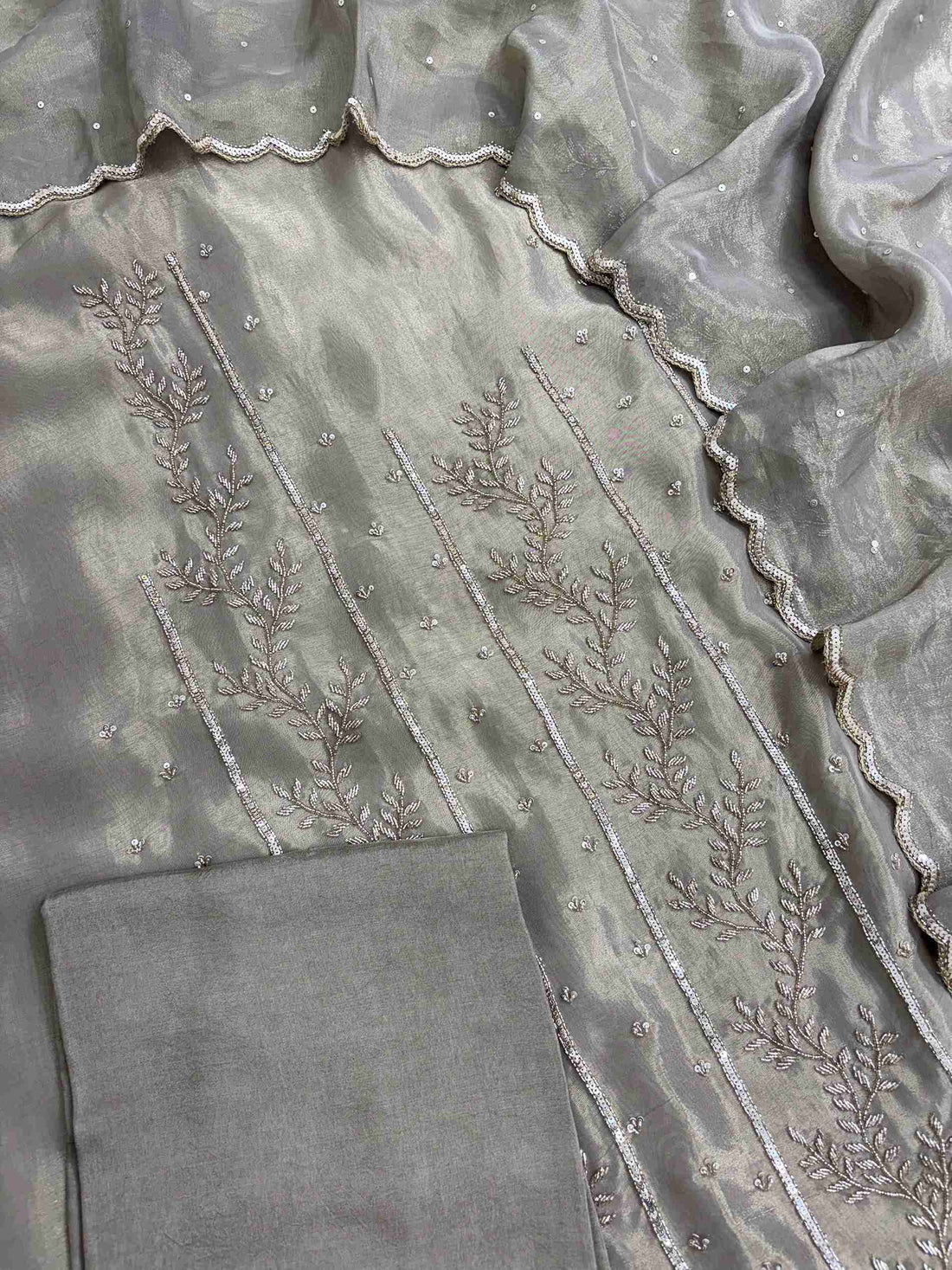 Matching taupe opada silk bottom fabric for burberry tissue embroidered suit