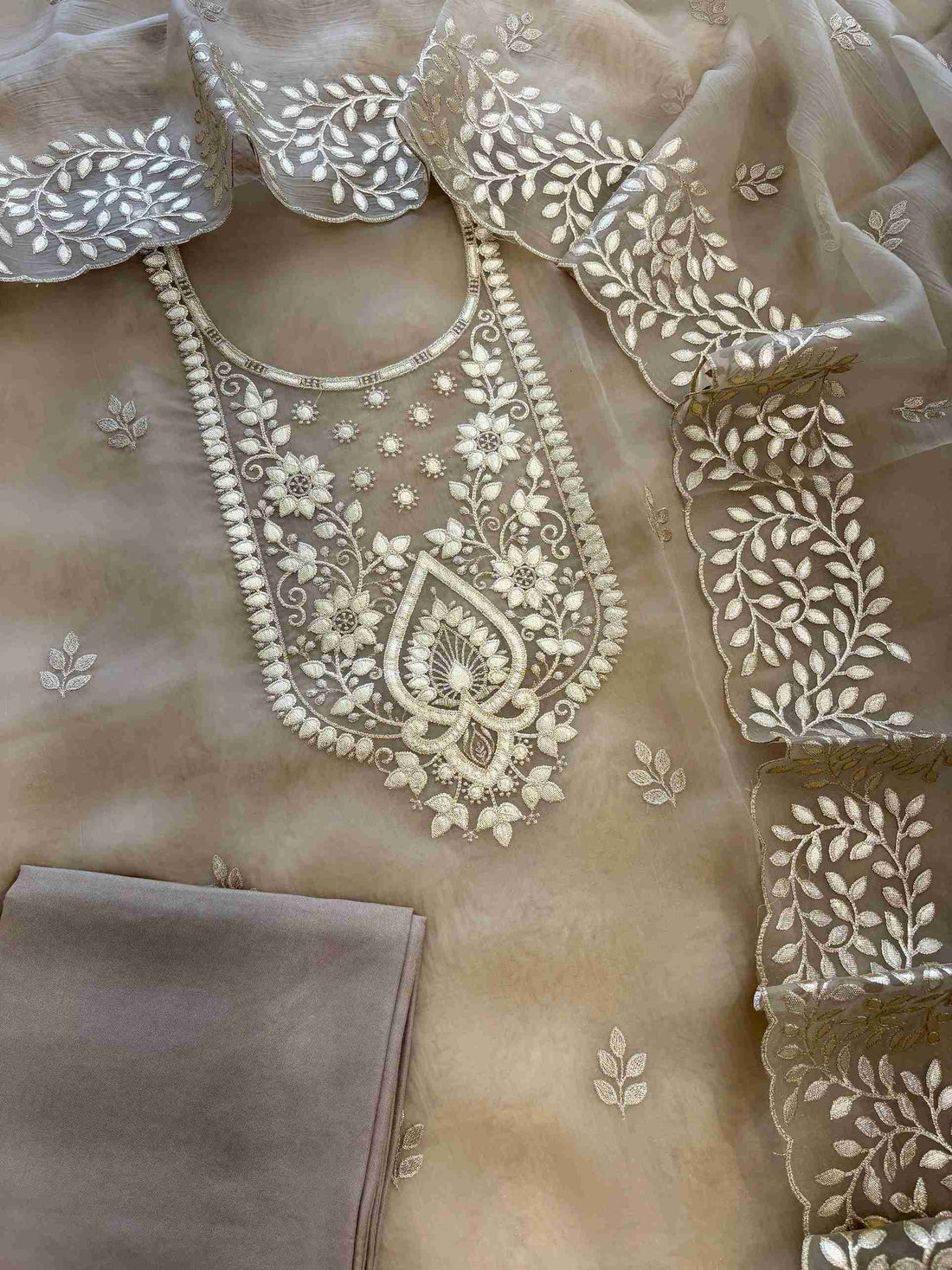 Taupe Beige opada silk bottom fabric flatlay