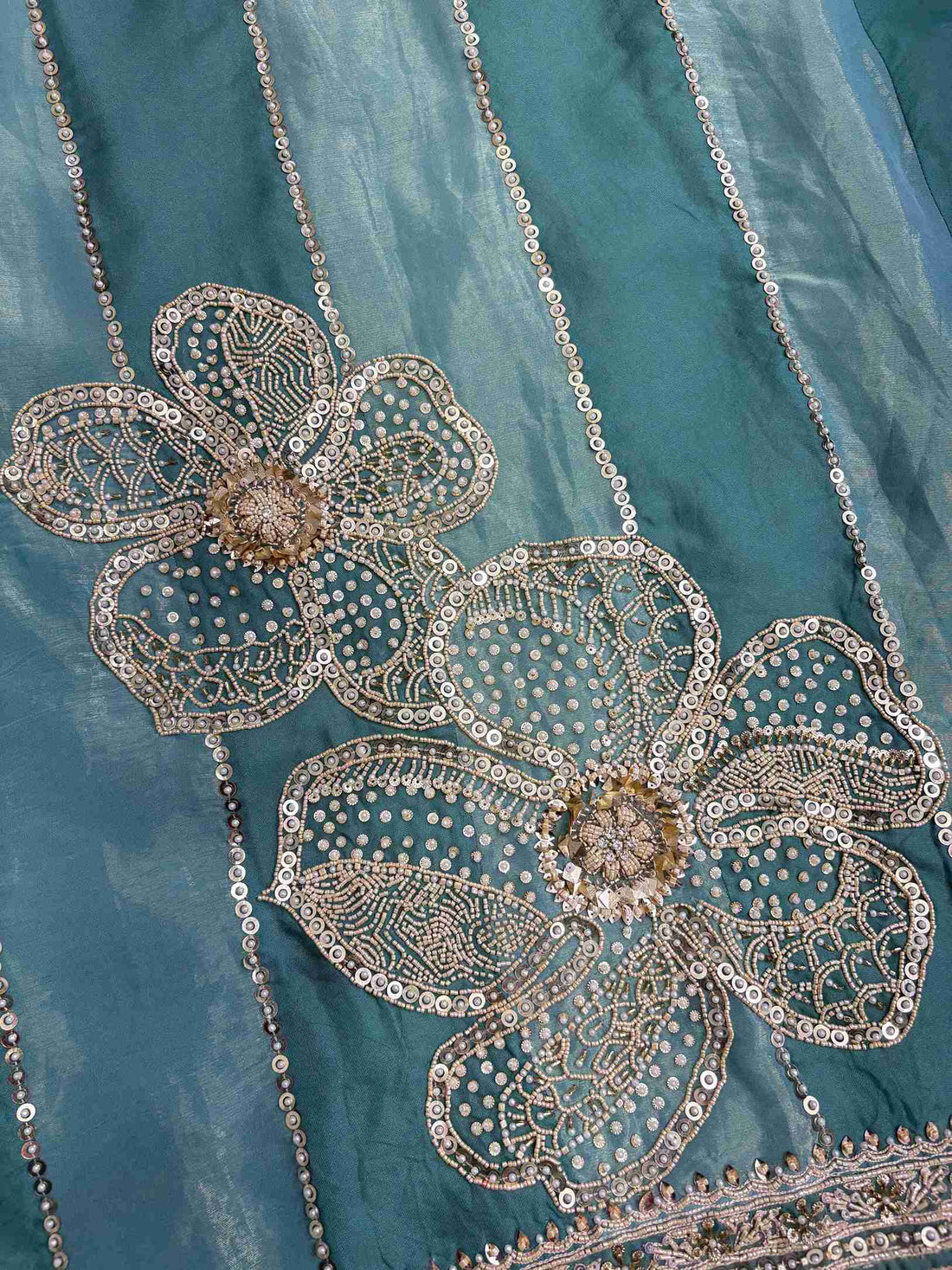 Teal shimmer organza dupatta with Banarasi floral impression and striped pattern