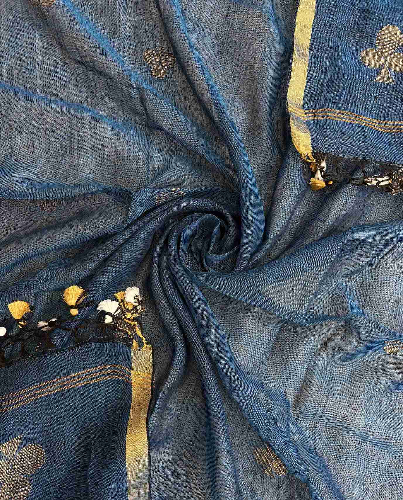 Gold zari woven border along edges of teal blue pure handloom linen dupatta