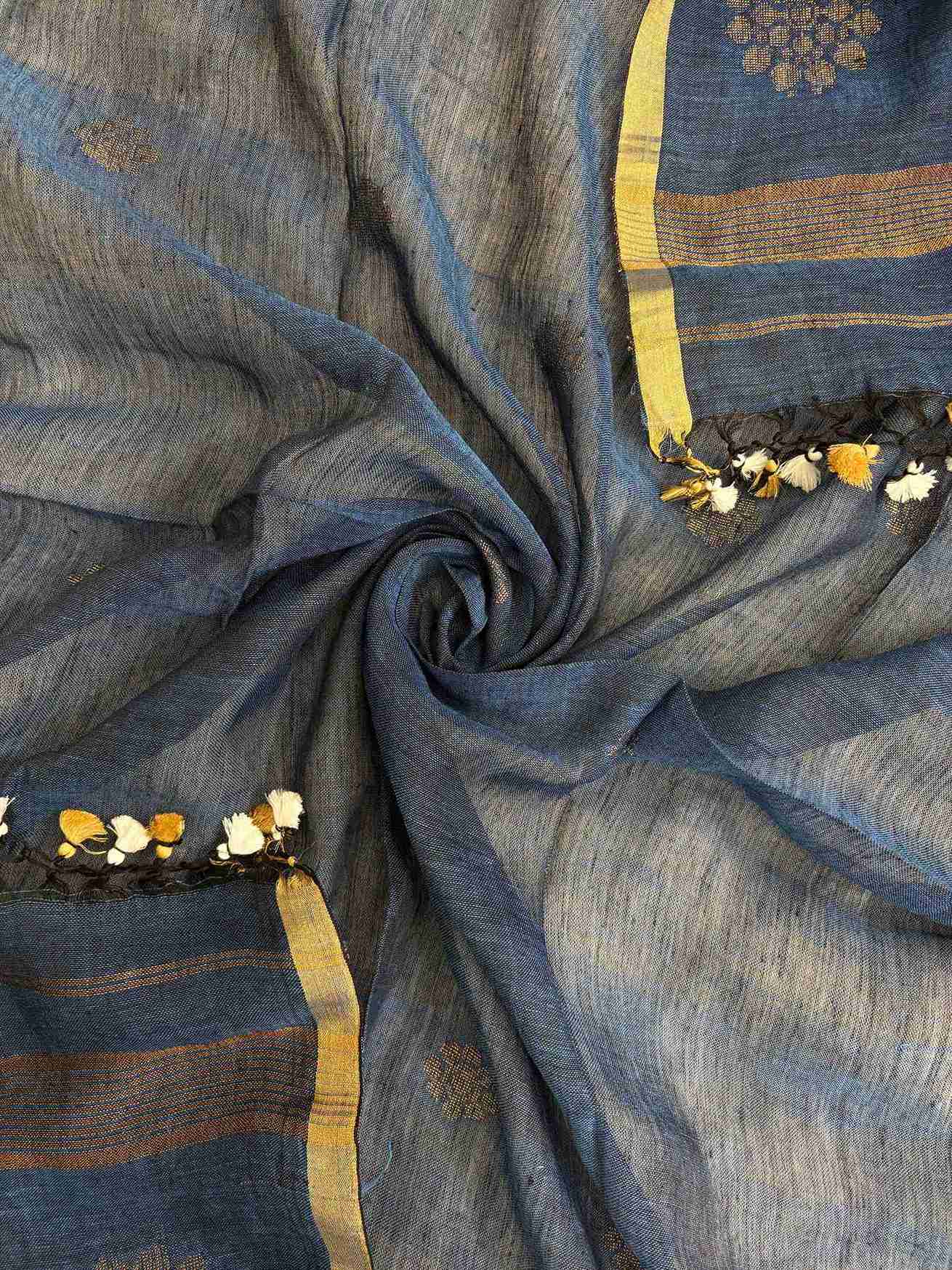 Multicolor tassels at corner of teal blue pure handloom linen dupatta