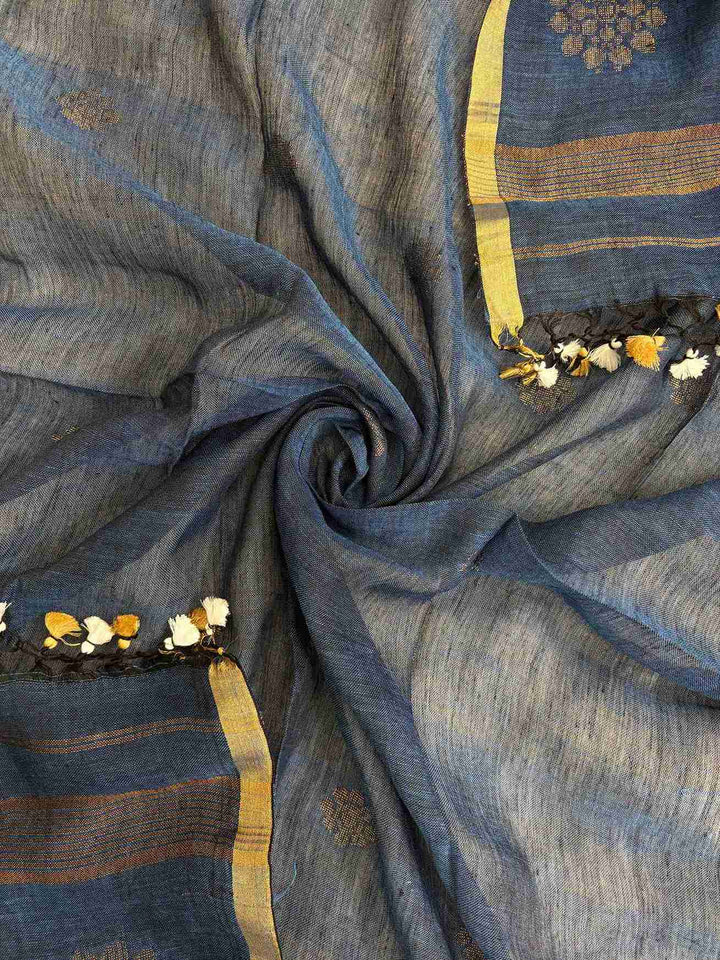 Multicolor tassels at corner of teal blue pure handloom linen dupatta