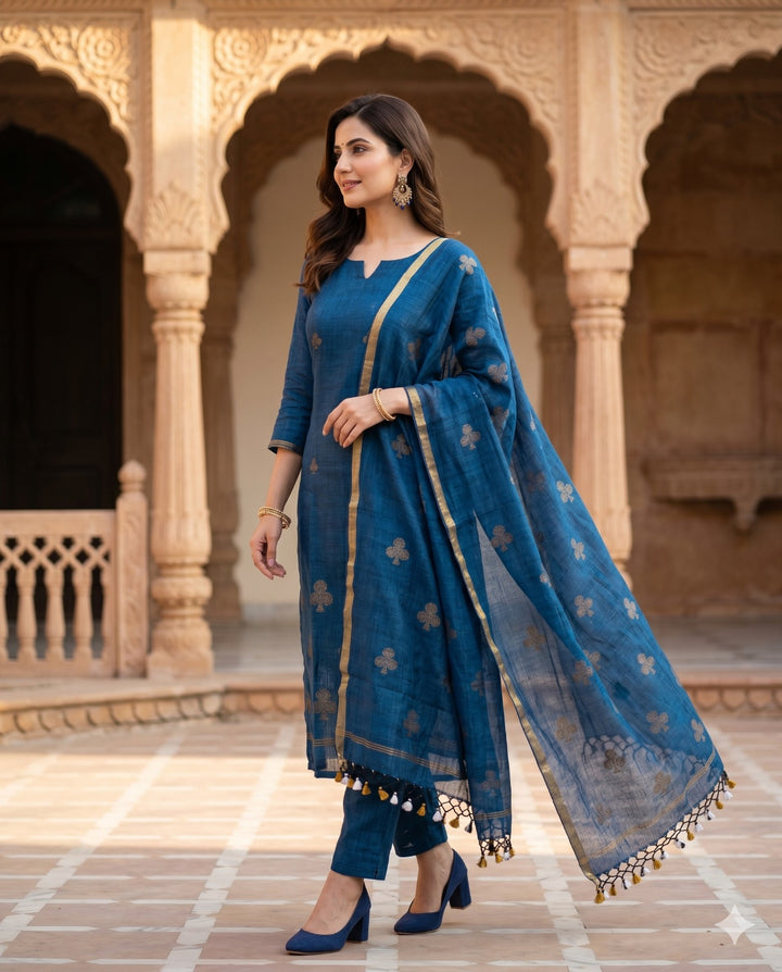 1. Complete teal blue pure handloom linen unstitched 2-piece suit flat lay with shirt and dupatta showing golden spade motifs