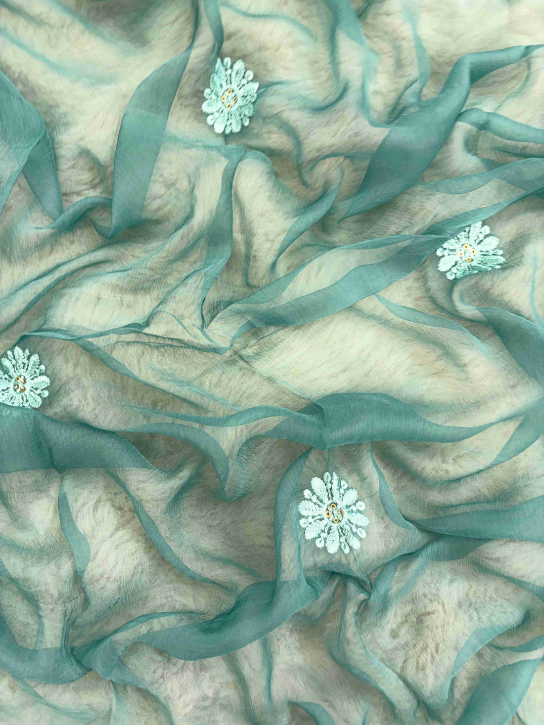 Teal chiffon dupatta with spread chikankari floral motifs