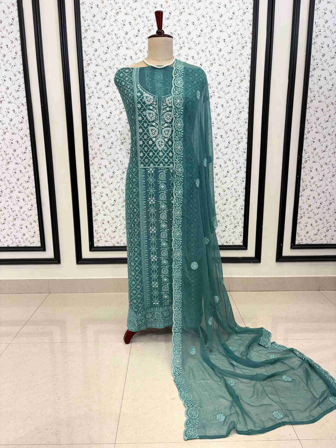 Teal chiffon dupatta with scalloped chikankari embroidered border