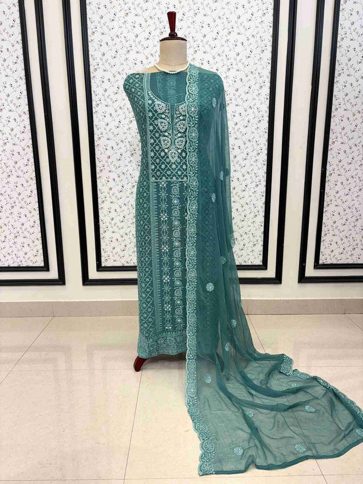 Teal chiffon dupatta with scalloped chikankari embroidered border