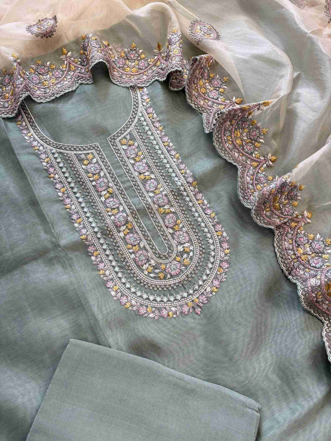 Cotton silk bottom fabric included in the unstitched suit set