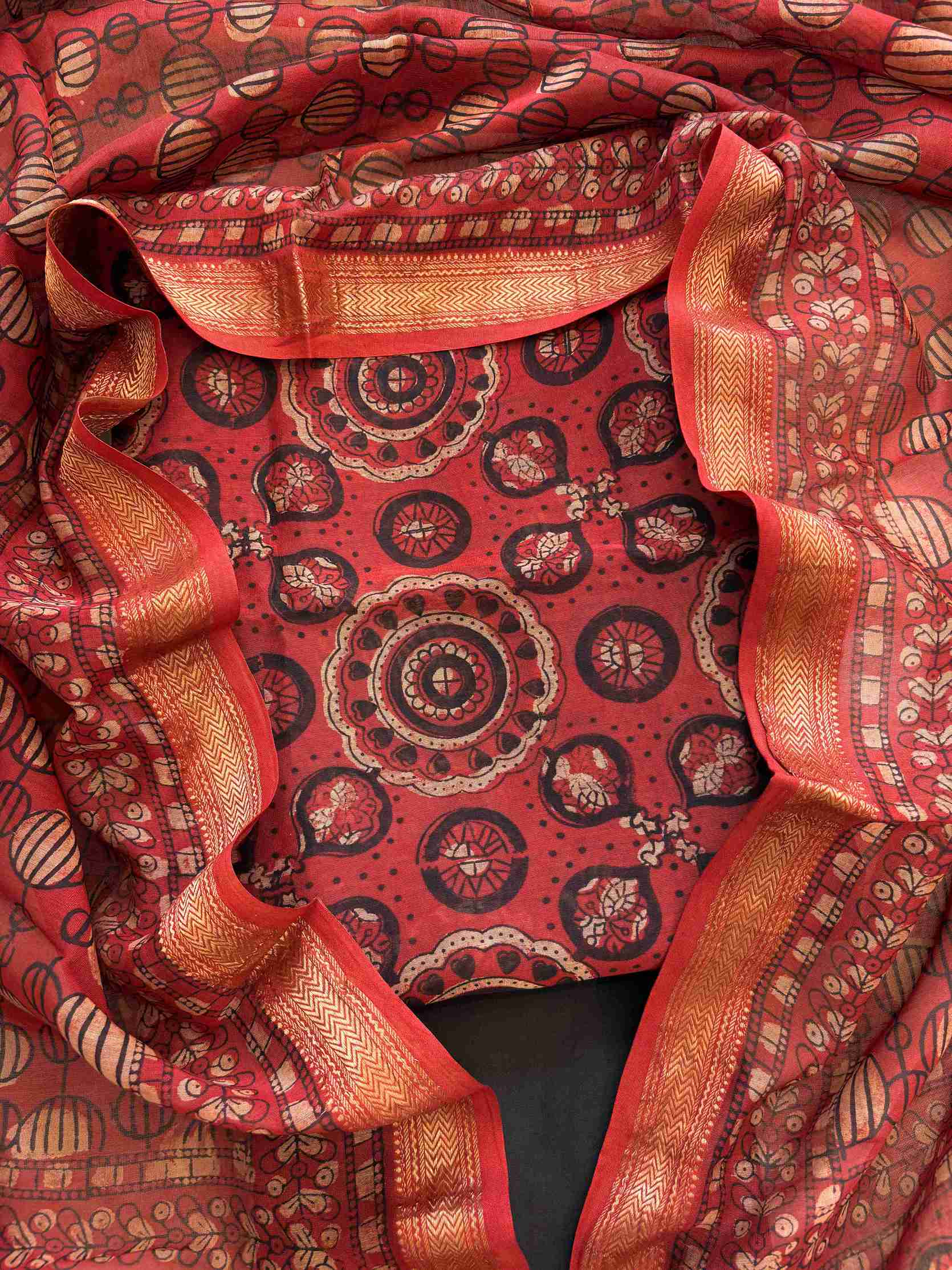 Close-up of traditional circular hand block motifs on Maheshwari silk