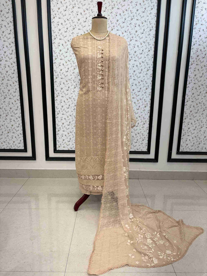 Complete warm beige chikankari and applique unstitched suit set