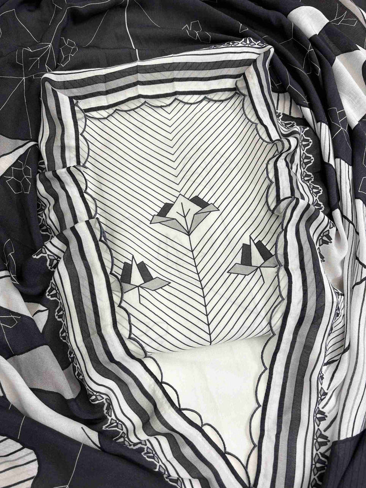 Front view of white and black pure muslin shirt featuring elegant digital print design