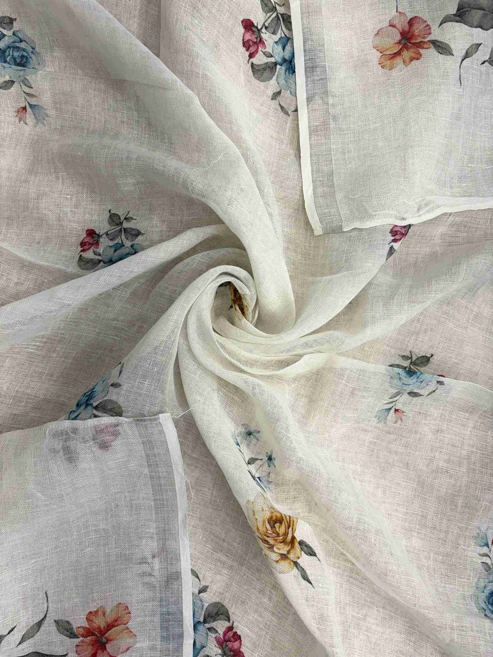 Digital blue and golden rose floral vine print along corner of white pure linen dupatta