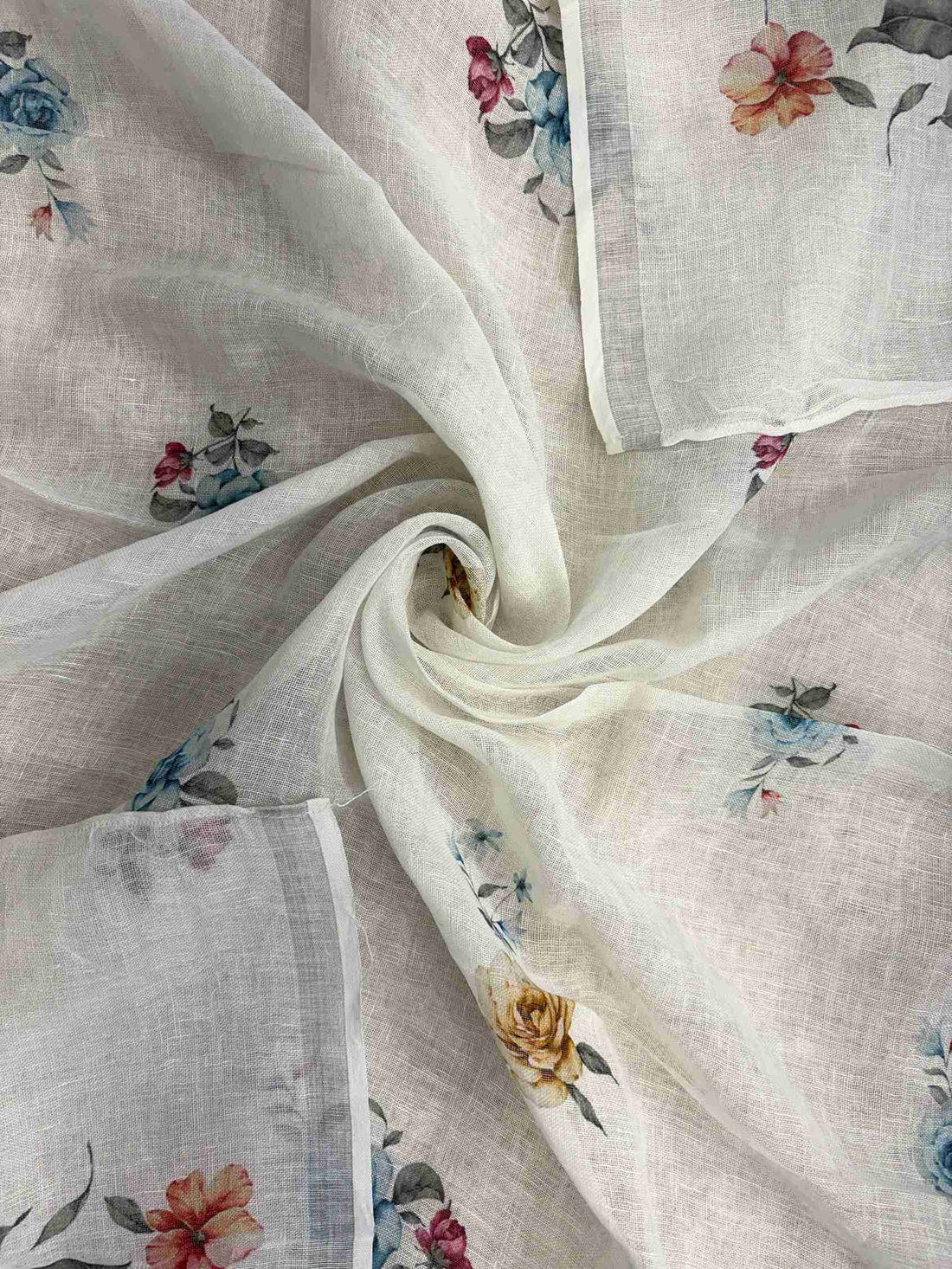 Digital blue and golden rose floral vine print along corner of white pure linen dupatta