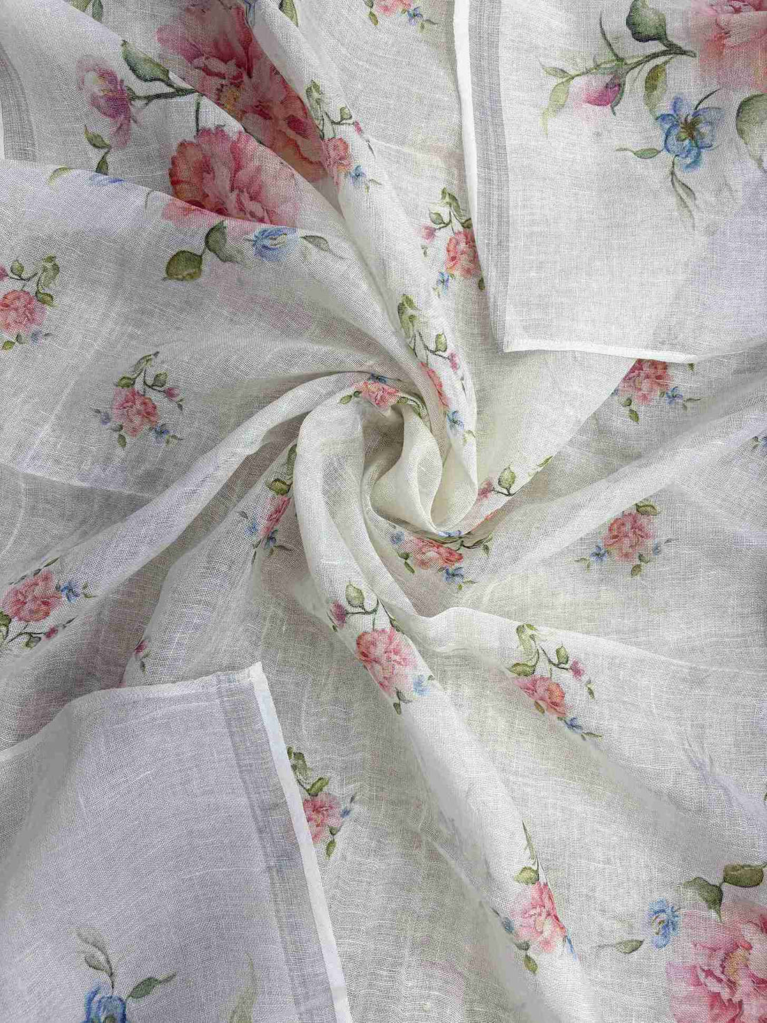 Digital floral vine print along corner of white pure linen dupatta