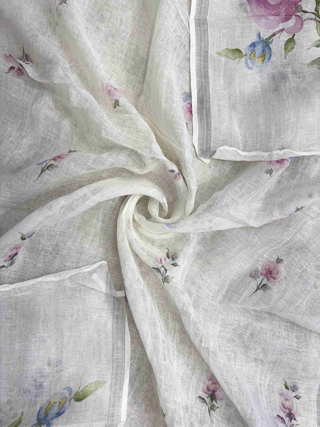 Digital mauve-pink floral vine print along corner of white pure linen dupatta