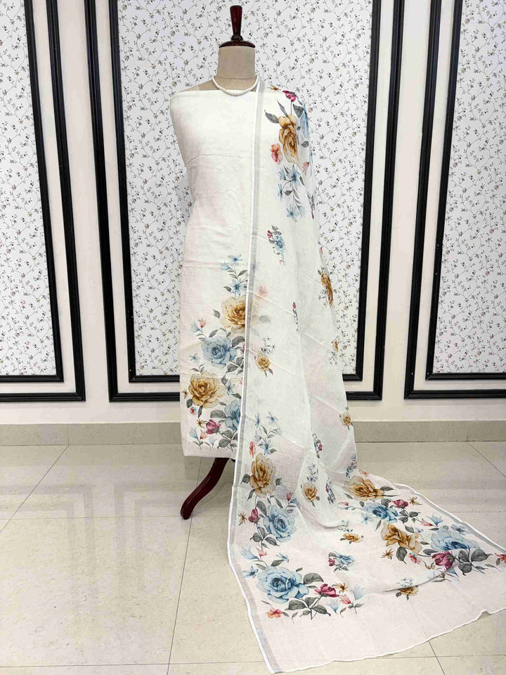 White pure linen unstitched suit full front view with blue and golden digital floral printed dupatta draped on mannequin