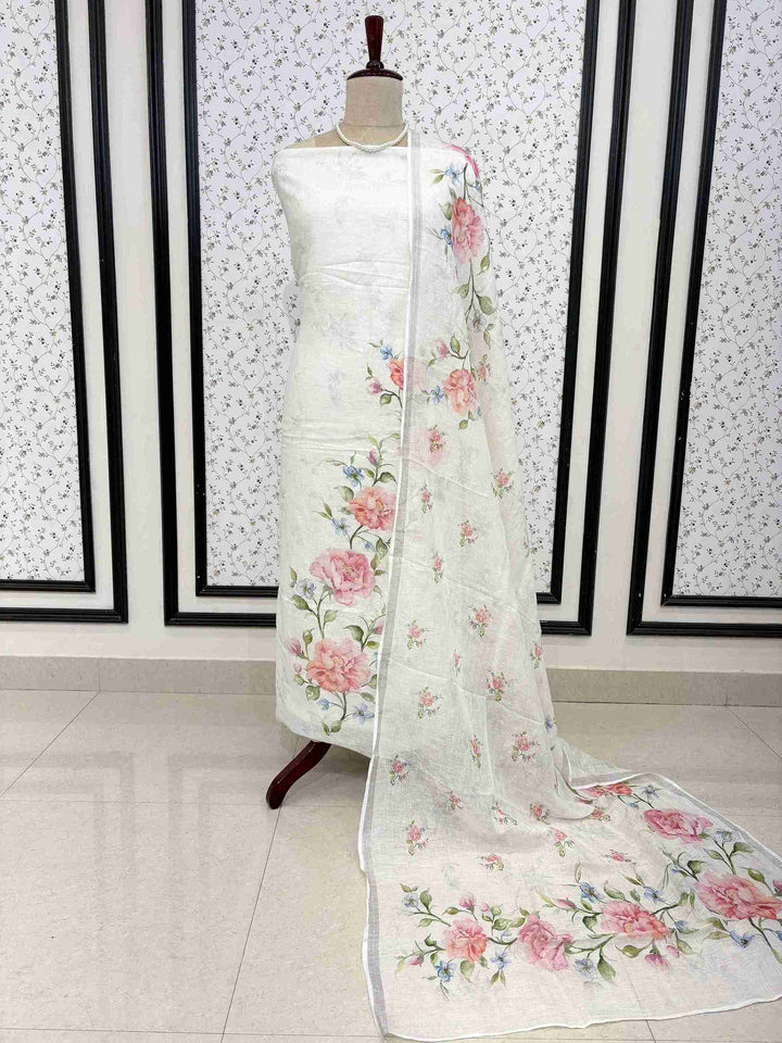 White pure linen unstitched suit full front view with floral printed dupatta draped on mannequin