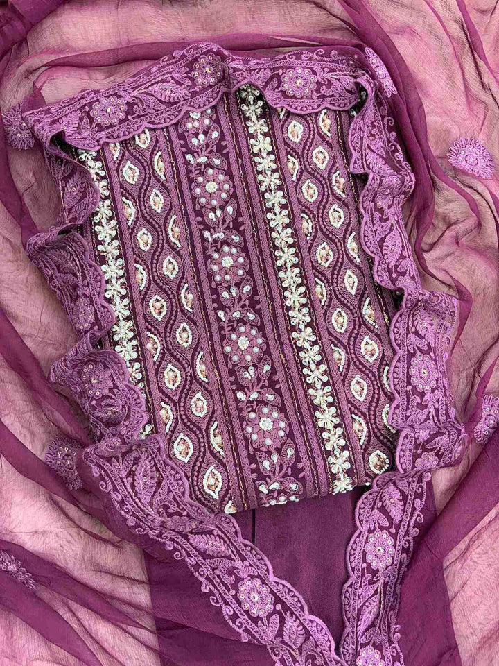Wine purple heavy chikankari georgette unstitched suit set front view