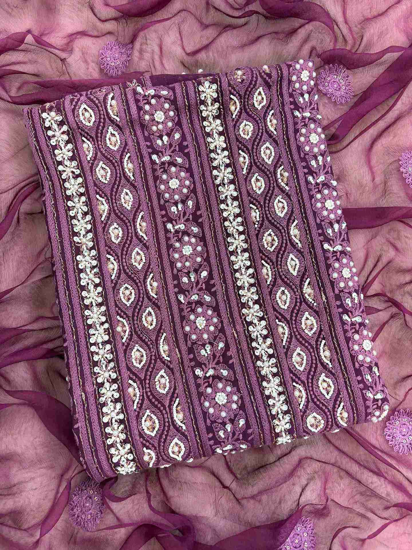 Wine purple unstitched chikankari suit with chiffon dupatta full length view