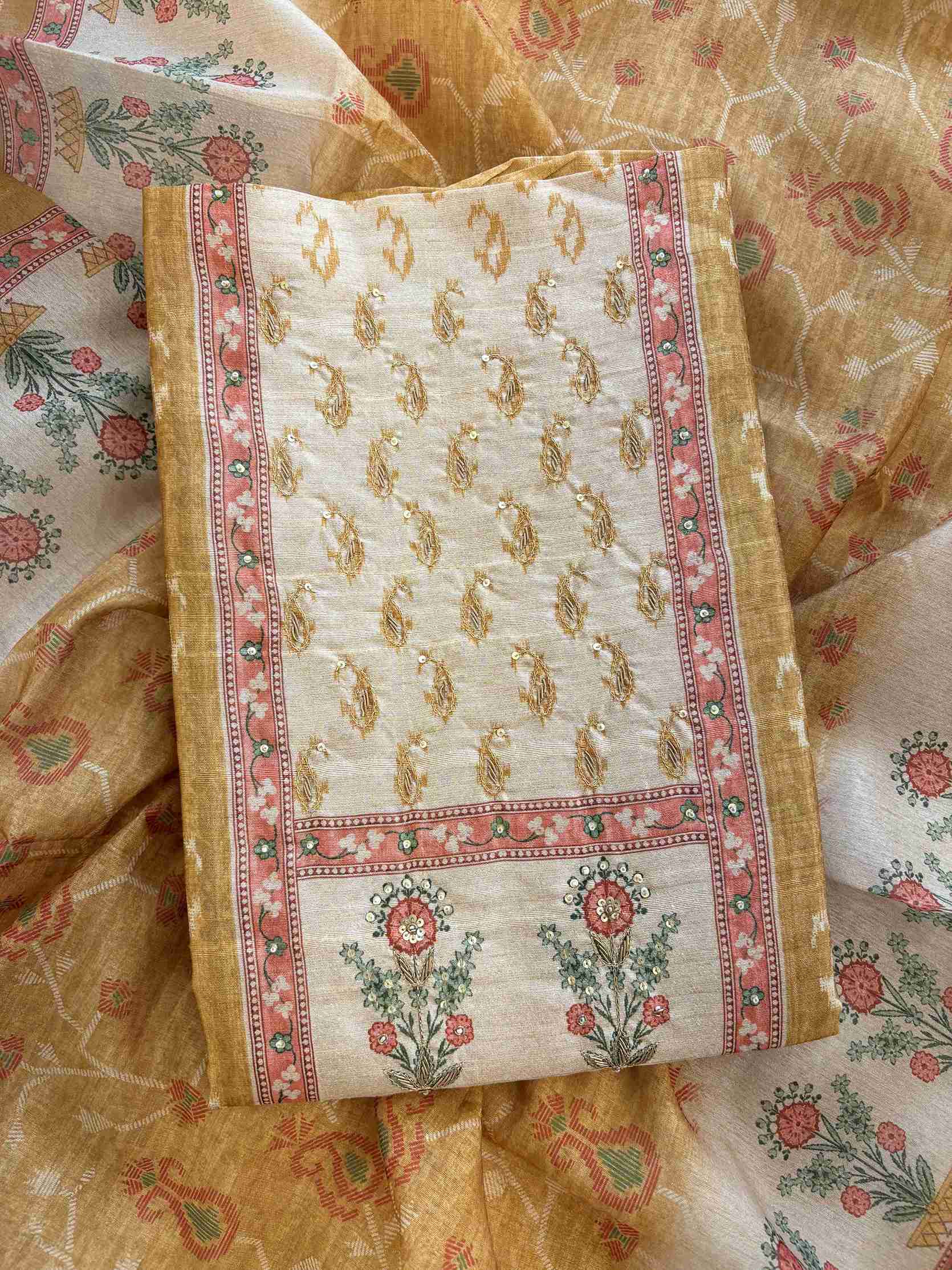 Yellow Chanderi dupatta with printed floral border and woven edge