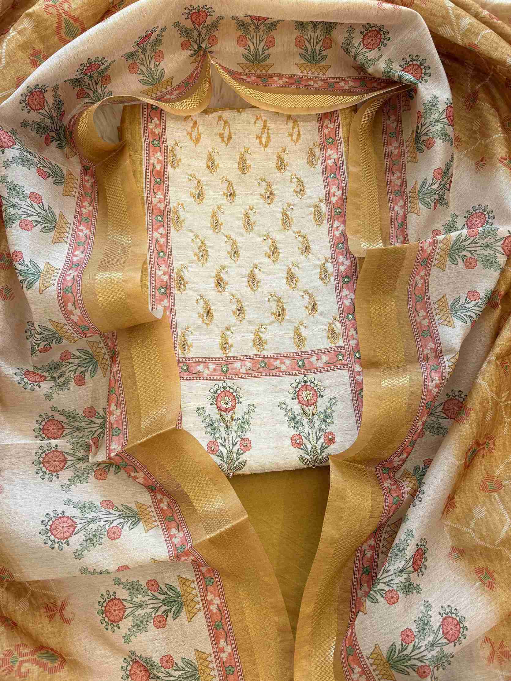 Close-up of contrast yoke with floral pot motif on yellow Chanderi suit