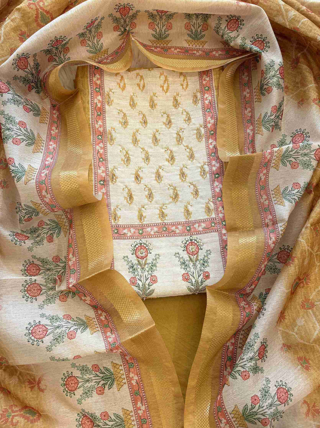 Close-up of contrast yoke with floral pot motif on yellow Chanderi suit