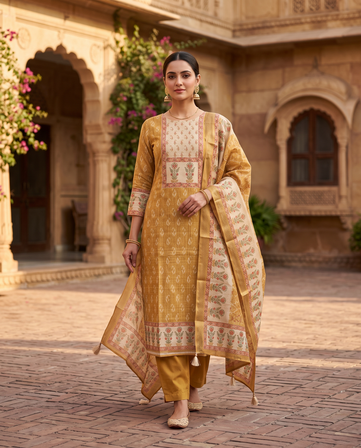 Yellow Chanderi unstitched suit with paisley print and printed dupatta
