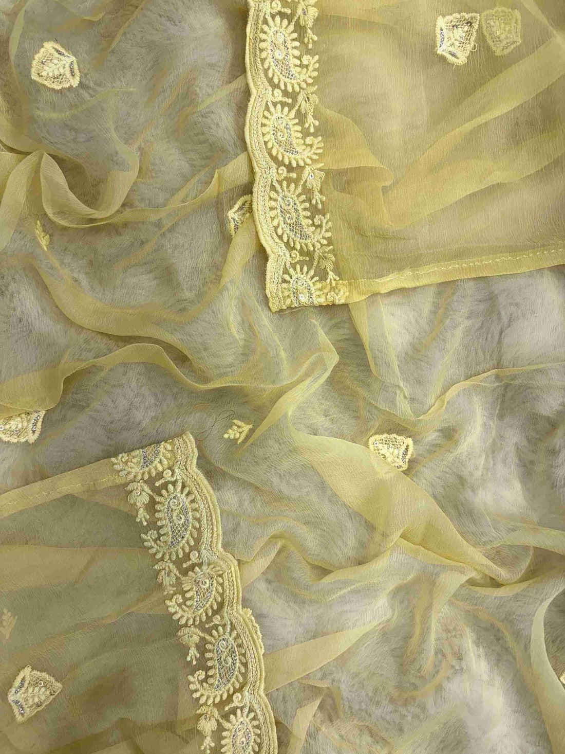 Chikankari border with scalloped finishing along yellow chiffon dupatta edge