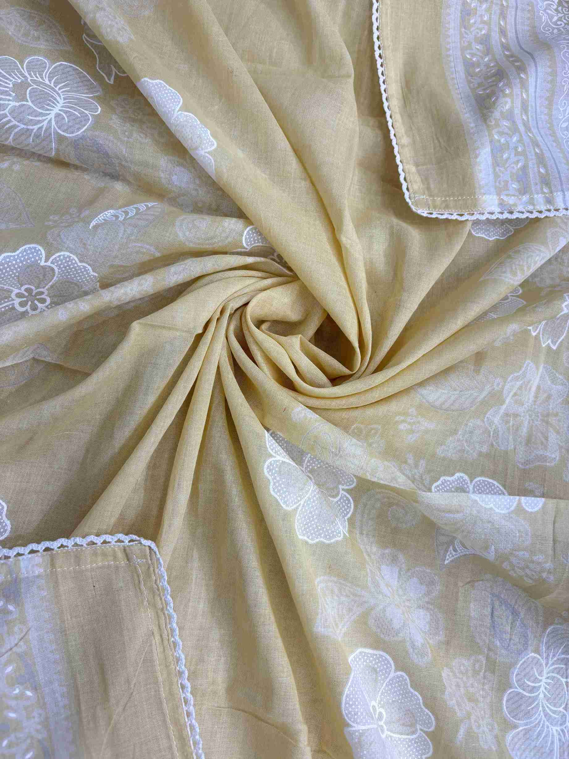 All-over white floral digital print with white lace border finishing on yellow cotton dupatta