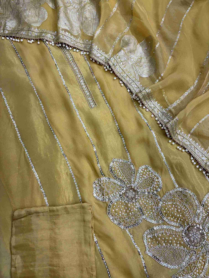Yellow designer shimmer organza party wear suit set with cutdana detailing and Banarasi dupatta