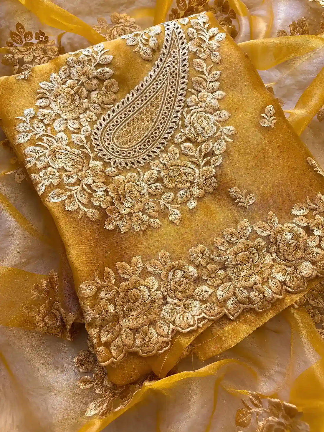 Full-size yellow glass tissue dupatta with vertical embroidered panels