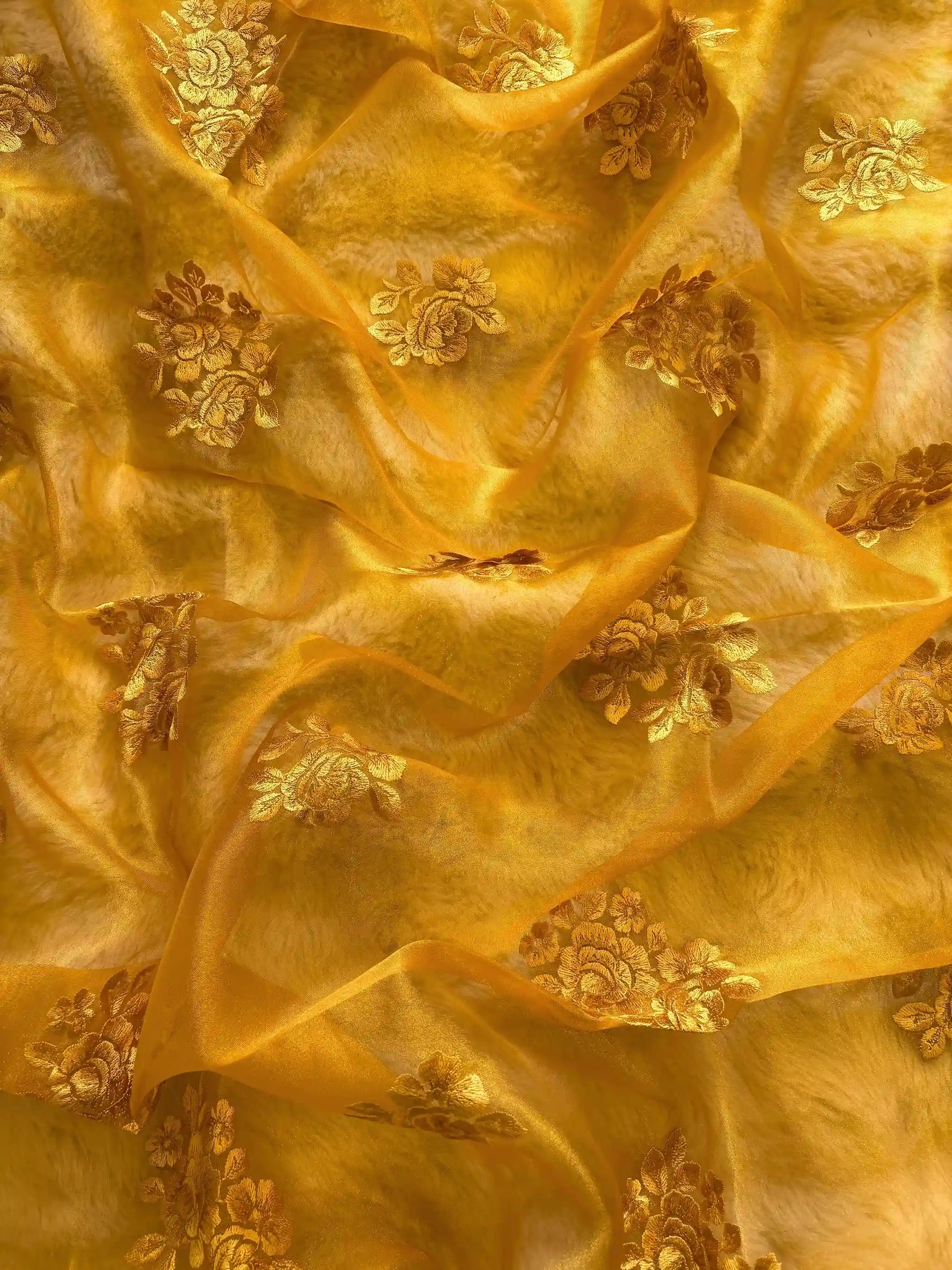 Scattered floral embroidered motifs on yellow glass tissue dupatta