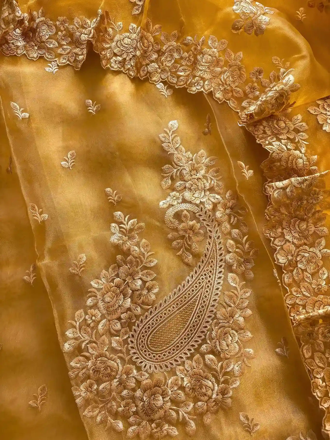 Yellow glass tissue unstitched suit with heavy floral thread embroidery
