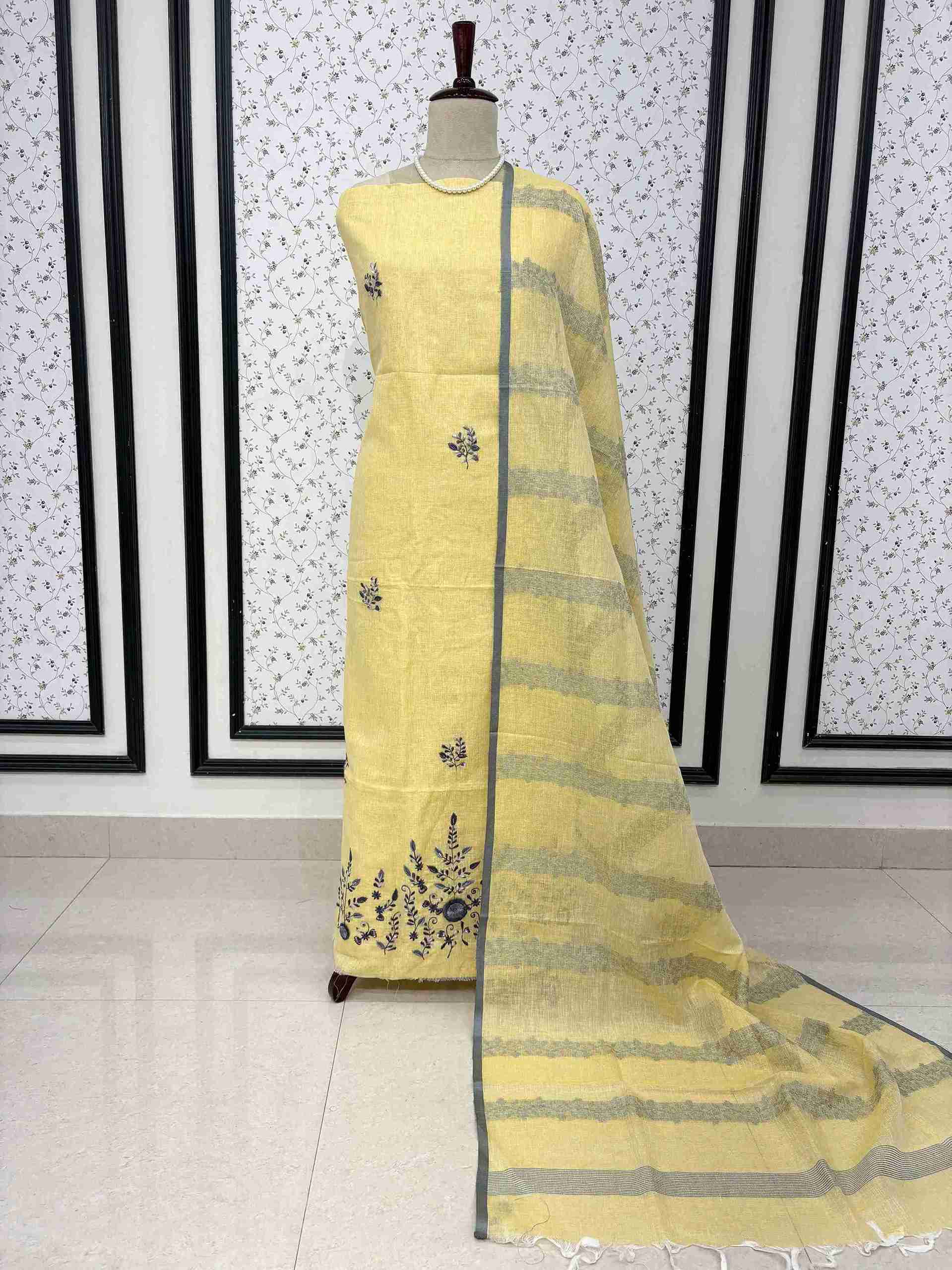 yellow soft cotton bottom fabric detail matching the linen shirt base color