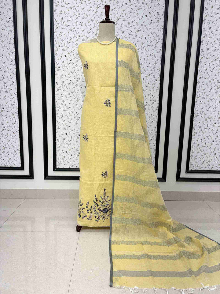 yellow soft cotton bottom fabric detail matching the linen shirt base color