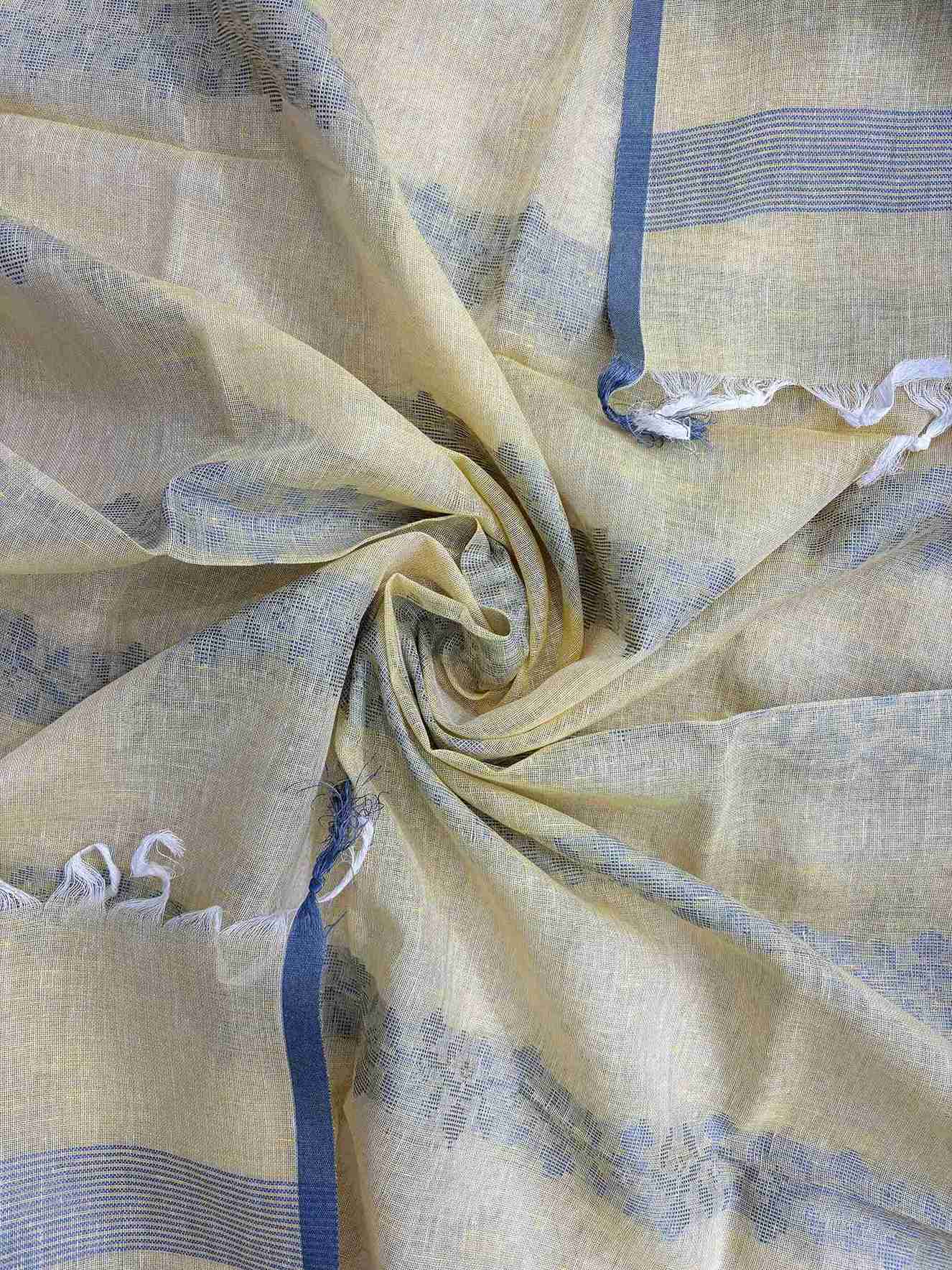 Woven linear texture detail on yellow pure linen dupatta