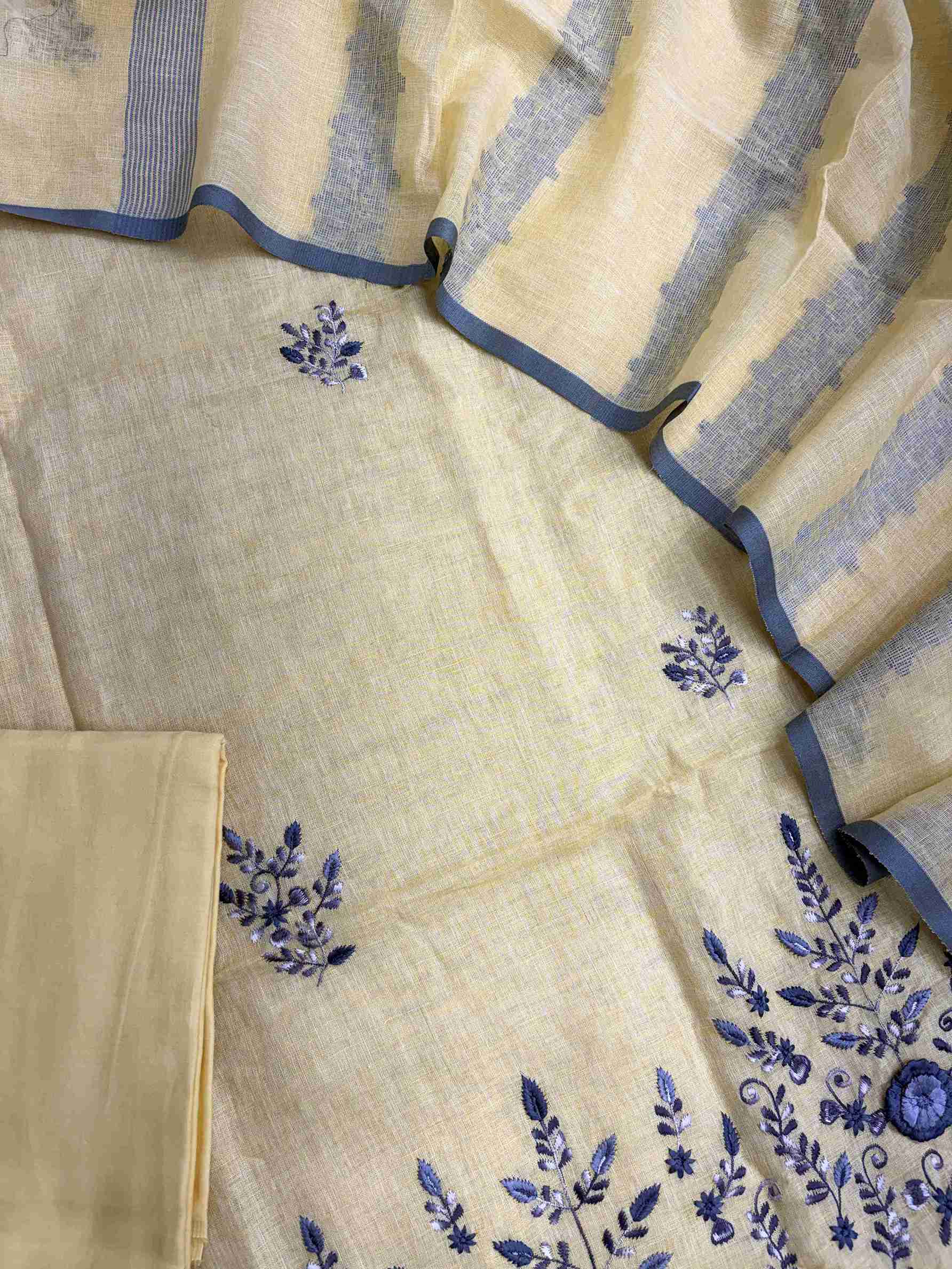 yellow pure linen unstitched suit full flat lay set with shirt, dupatta, and cotton bottom