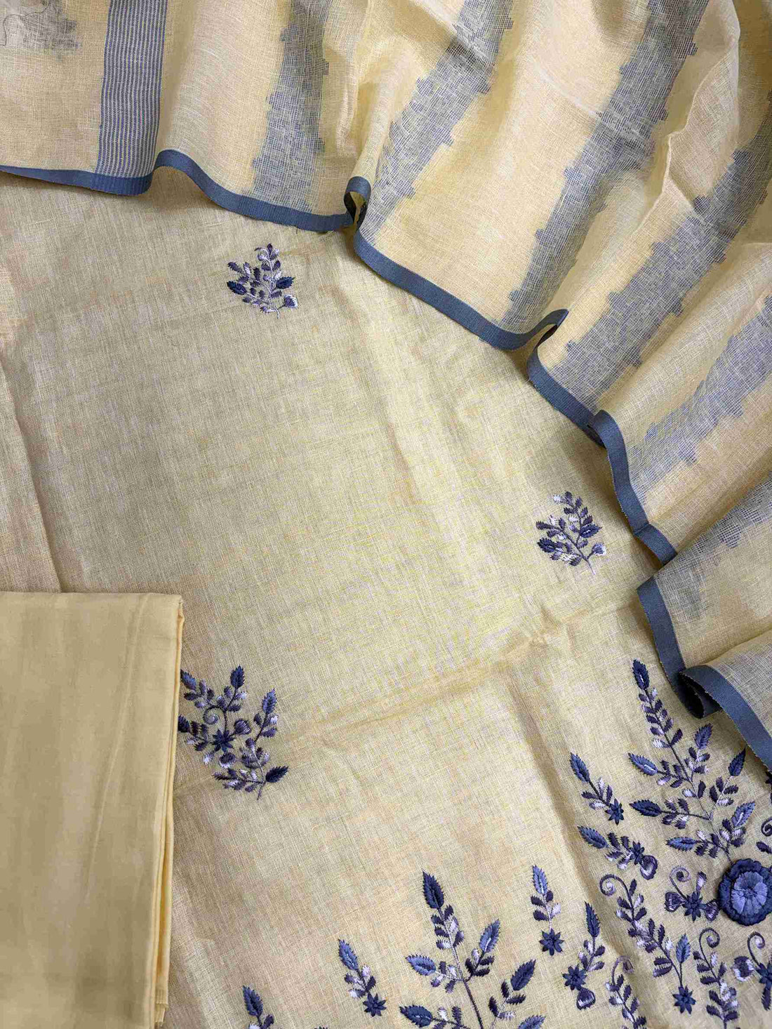 yellow pure linen unstitched suit full flat lay set with shirt, dupatta, and cotton bottom
