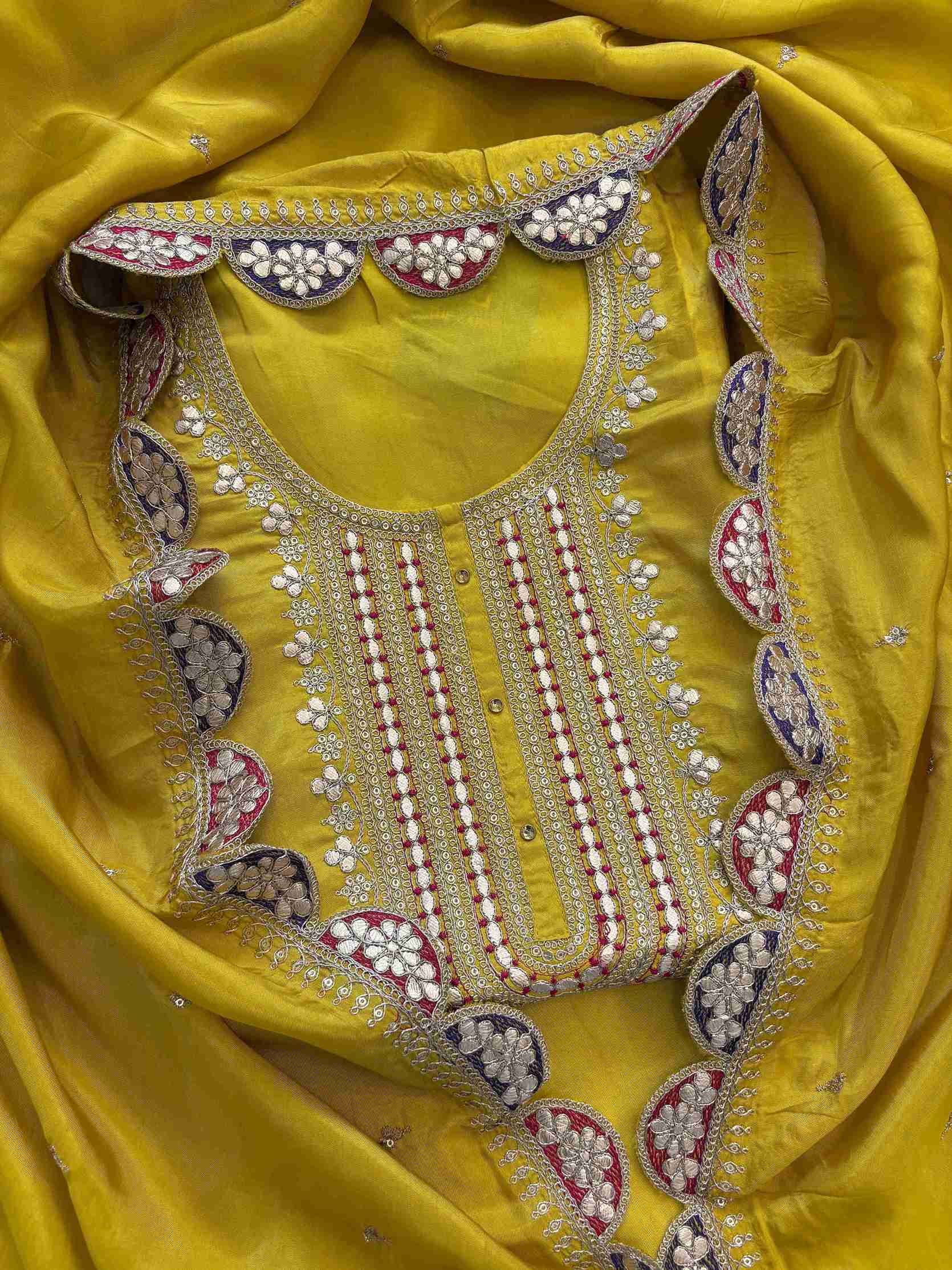 Yellow Russian silk embroidered unstitched suit set with scalloped dupatta